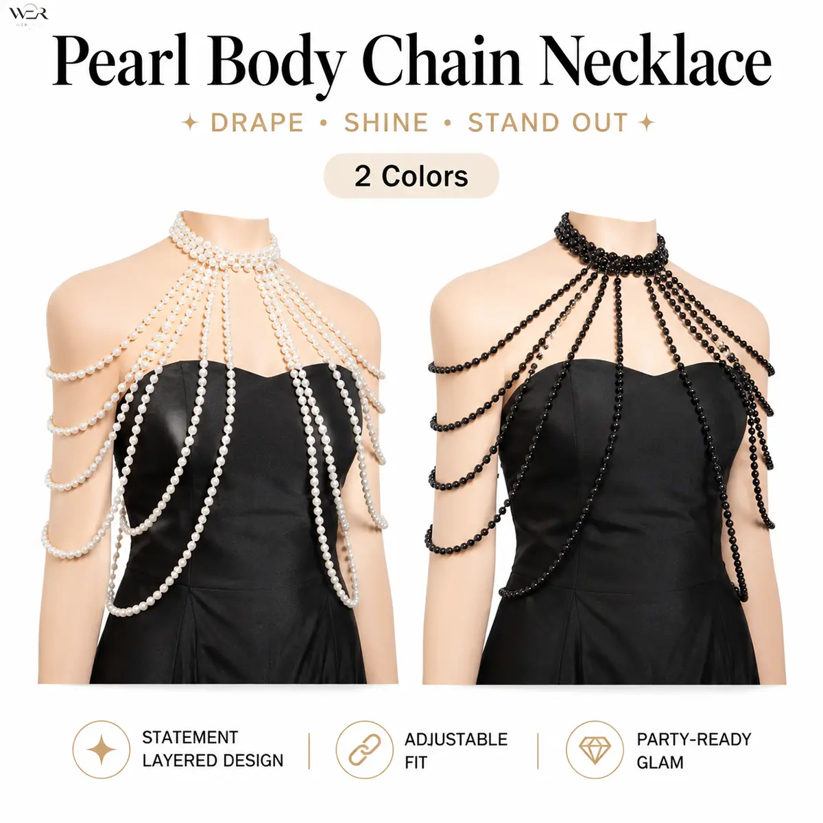 Layered Pearl Body Chain, Female Statement Drape Jewelry with Adjustable Fit for Everyday & Special Occasions, White Pearl, Strands, Body Jewelry Set, 184.8 G, 37 + 15 Cm, 84 Cm, Daily, Elegant, Faux Pearls
