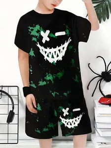 Boys Fashion Siu~ 3D Print Casual Short Sleeve Tee Set, Outdoor Gym Athletic Shorts Set, Spring & Fall Wear, Regular Fit, Moderate Fabric