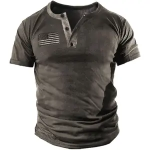 PASLTER Mens Casual Button Short Sleeve Henley T-Shirts Patriotic Tactical Military Army Shirts for Men Plain Tee Menswear
