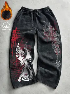 Men's Casual Sporty Long Pants, Angel Thorn & Cross Totem Print, Drawstring Wide Leg, All Seasons, Loose Fit, Graphic Pattern, Athleisure Pants