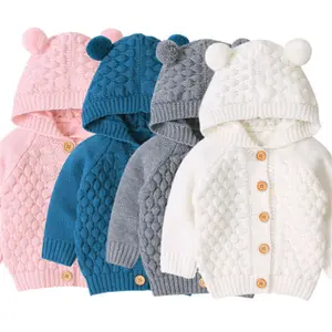 Newborn Baby Girls Boys Knit Cardigan Hooded Sweater, Infant Button-Down Cotton Outfits, Unisex Baby Basic Clothes