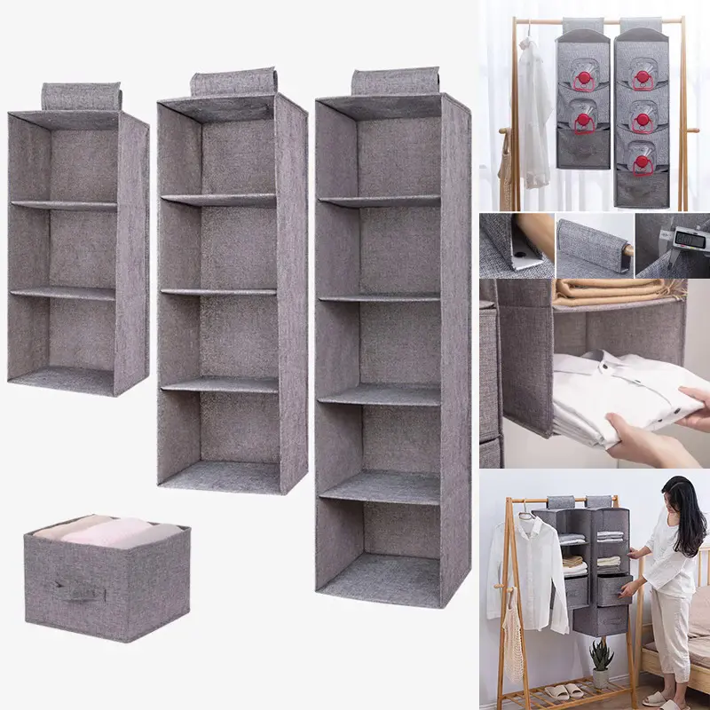 Cotton Linen Hanging Storage Bag Drawer Style Wardrobe Organizer Box Clothes Organizer Holder Collapsible Hanging Storage Shelve Hangable
