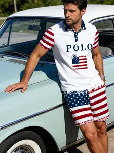 Independence Day Polo Letter Theme Men's Polo Shirt, Star-Spangled Flag Print, Casual Two-Piece Set, Short Sleeve, Loose-Fit Tee and Shorts
