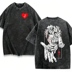 Hunter x Hunter Hisoka Morow Vintage Washed Double Sided Oversized T-Shirt Jack Of Hearts Poker Card Anime Graphic Grunge Aesthetic Harajuku Streetwear Unisex Retro Manga Fan Casual Edgy Tee Top