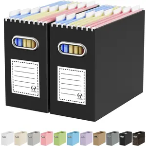 File Organizer Box, Portable Collapsible Cardboard File Folder Organizer with Handle for Letter Size Hanging Files, Document Storage Box for Home Office & Classroom (2 Packs, Black)