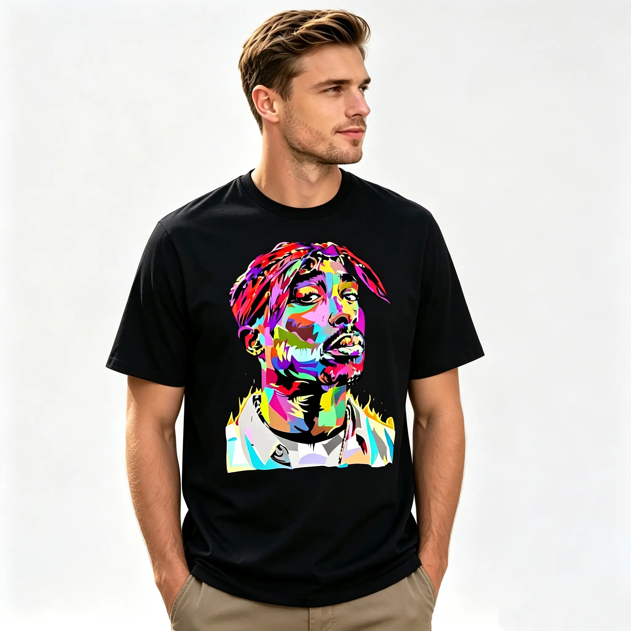 Men's Tupac Graphic Print T-Shirt, Vintage 90s Hip Hop Style, Casual Round Neck Short Sleeve in 200gsm 100% Cotton Knit, Tshirt, Fabric, Stretch, Streetwear, Printed Graphic