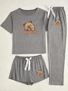Women's Cartoon Animal Capybara Print Knit Pajama Set, 3 Piece Pjs Sleepwear Loungewear Collection, Casual Fitted Nightwear for All Seasons