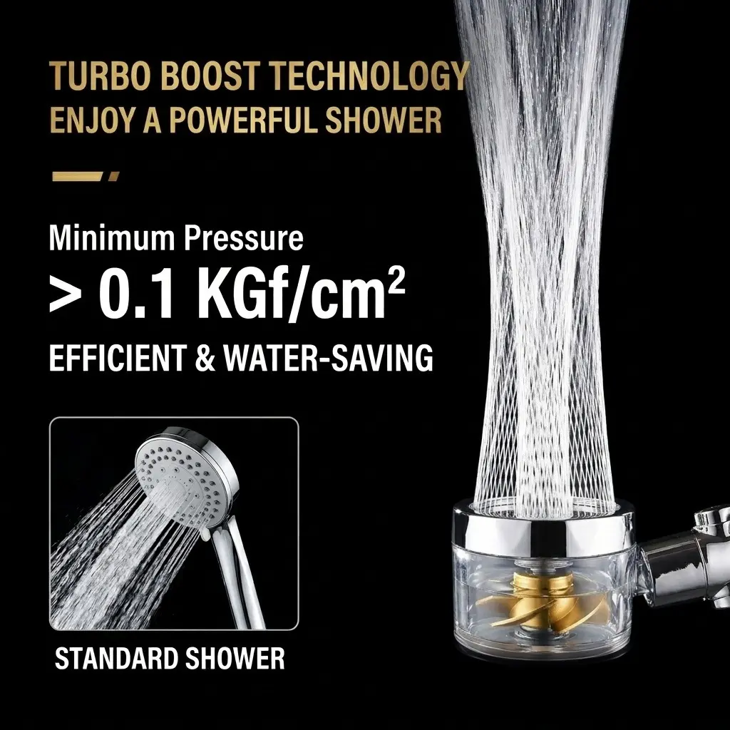 Turbo Boost Power Shower Head, Handheld High Pressure Showerhead with One-Touch Pause Switch, Efficient & Water-Saving Design with Built-in Turbine, Solve Low Water Pressure & Wasteful Water Flow