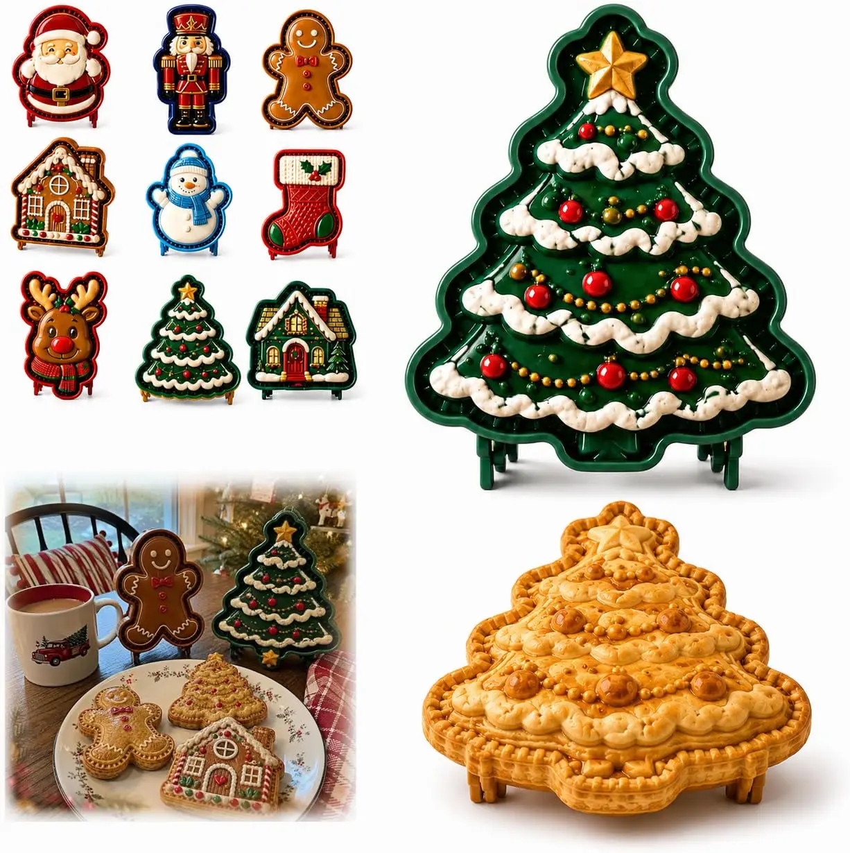 Holiday Christmas Cookie Mold Set – Santa, Gingerbread Man, Tree & House Press & Cutters