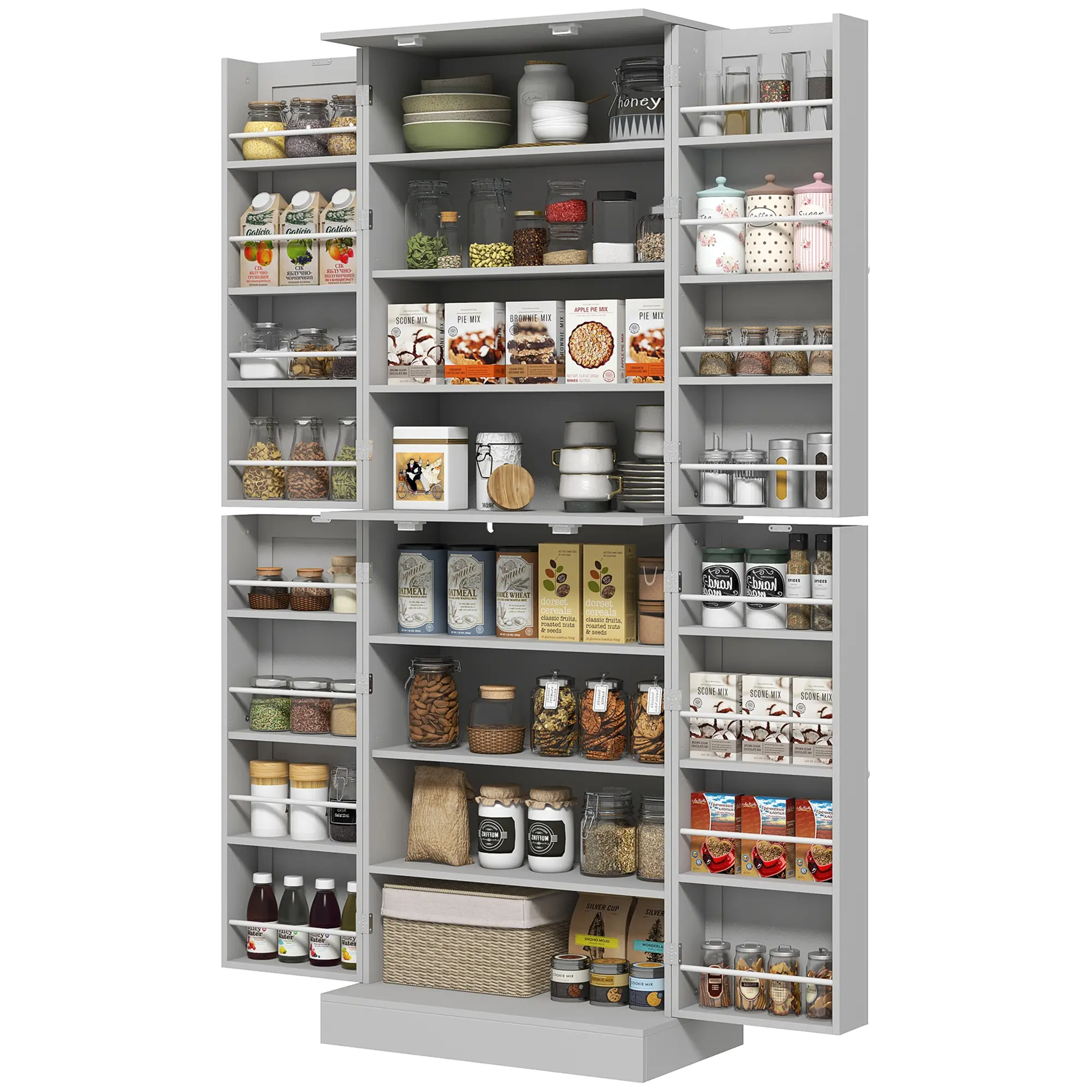 4 Door Gray Kitchen Cabinet with Adjustable Shelving for Pitchers Blenders Cereal Boxes for Rv Camper Tiny House Kitchen Extension Sunday Brunch Suburban Decor