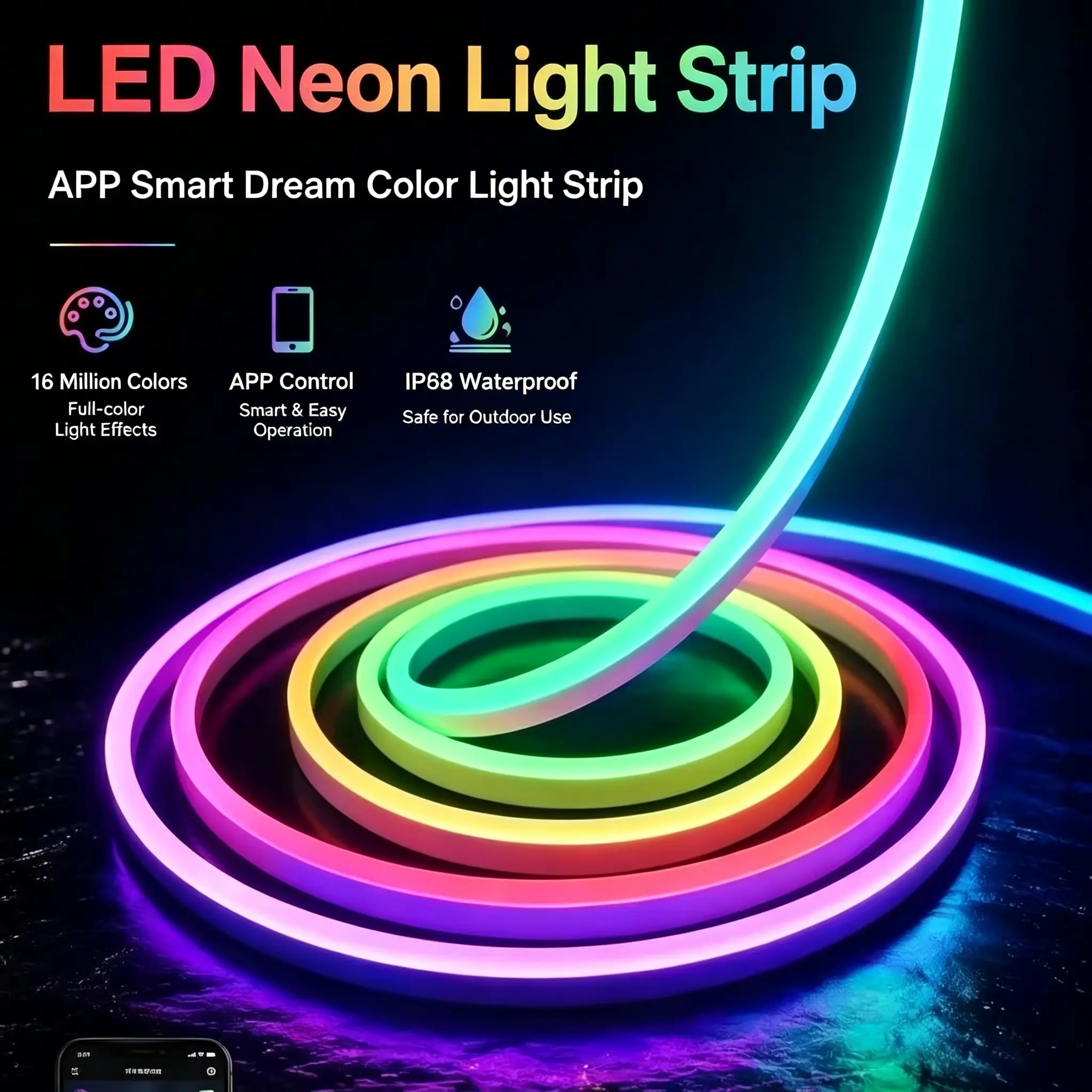5V USB RGB Silicone Neon LED Strip Lights for Car Decor, App & 3-Key Controller, Music Sync Color Changing Flexible Rope Lights, DIY Custom Lighting for Bedroom Gaming Room, 1/2/3/5M