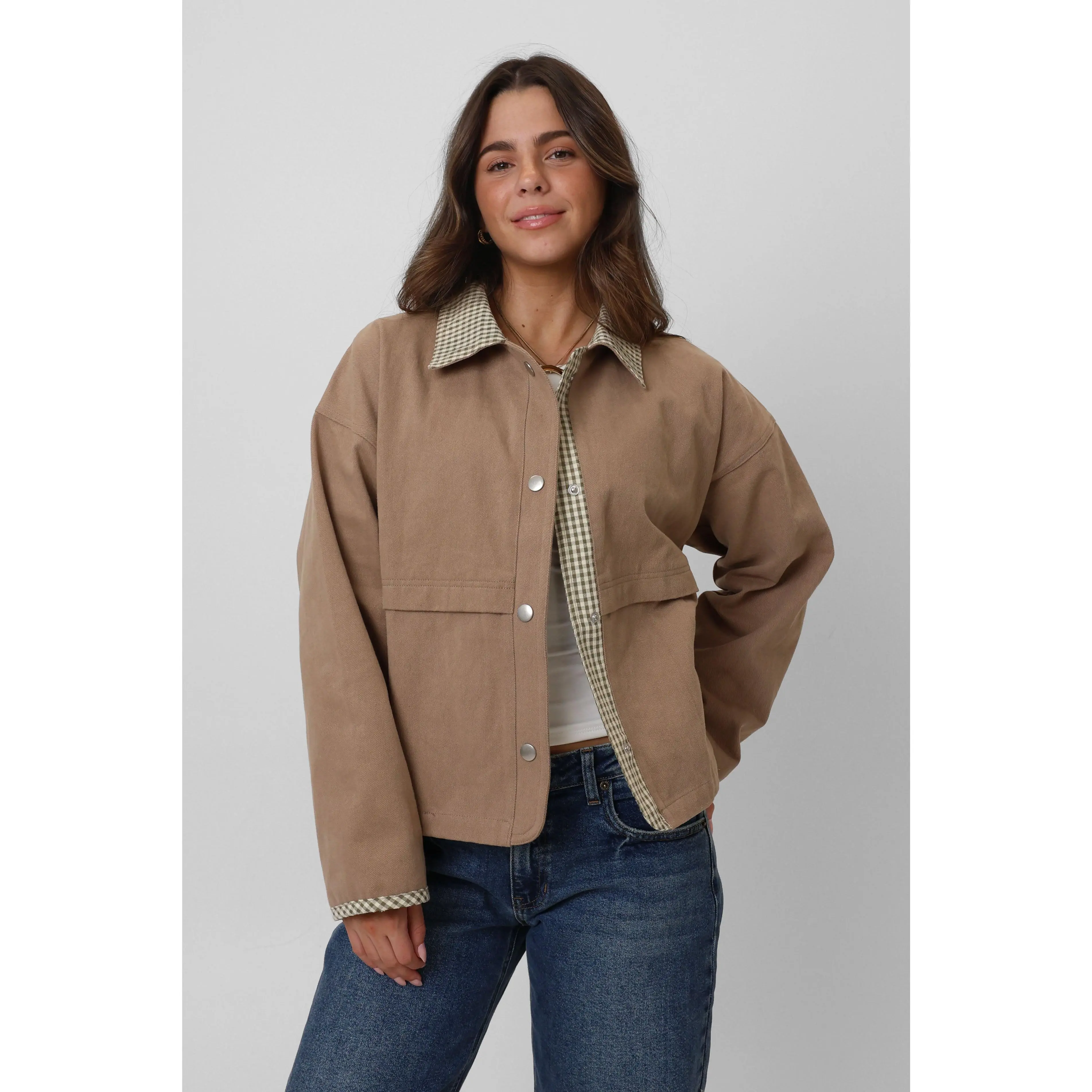 Women's Minimalist West Village Boxy Casual Jacket - Taupe/Olive Imported Outerwear, Small, Long Sleeve, Collared, Button Closure, Plaid Trim, Cold Wash Compatible Tops & Coats
