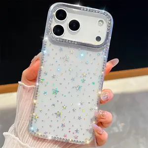 New Arrival Fashion Diamond Glitter Design Transparent Girly Women Crystal Clear TPU Hard Acrylic Phone Case for iPhone 17 Pro Max 16 Plus 17Pro 15 14 13 12 Promax with Ins Multi Color Star,gift for girls