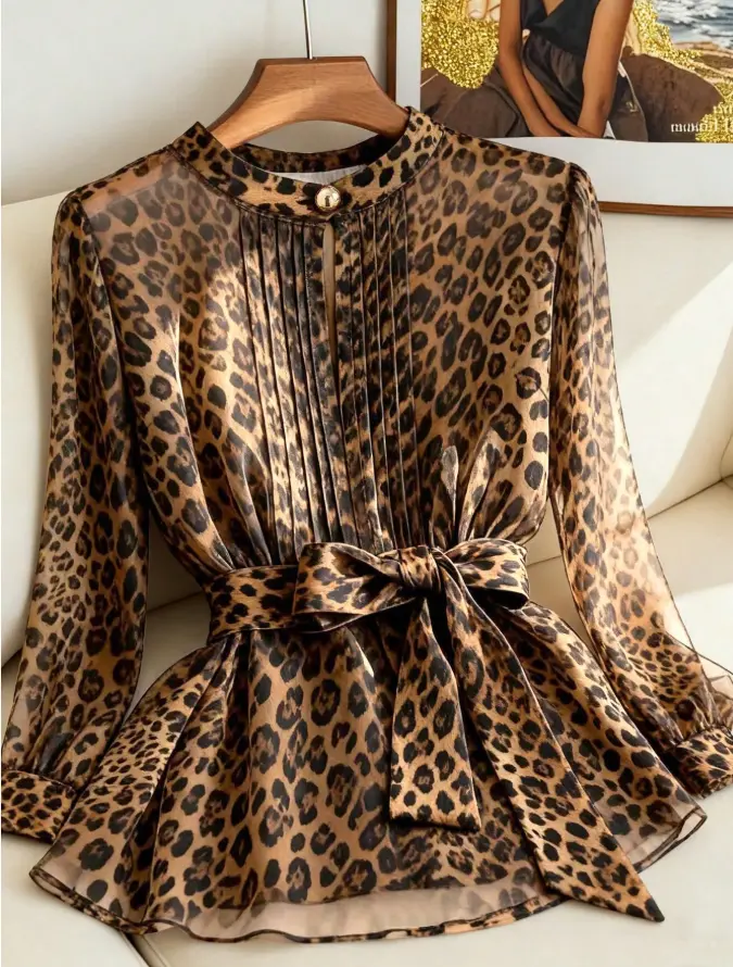 Women's Pleated Collar Button Bow Tie Leopard Print Blouse