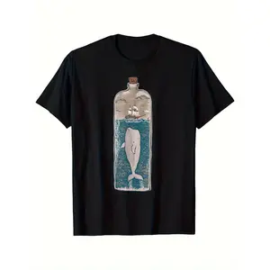 [100% Cotton] 100% Cotton Men's Casual Cotton T-Shirt with Whale, Nautical Ship & Ocean Waves Design - 100% Cotton, Stretchable, Round Neck, Short Sleeve, Sizes S-2xl, Machine Washable, All-Season Comfort