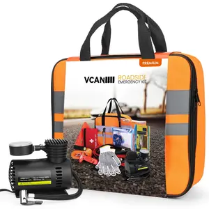 Car Emergency Safety Kit Bag With Portable Air Compressor  Jumper Cables First Aid Tire Gauge Auto Vehicle Road Side Assistance Kits For Women Men Teen