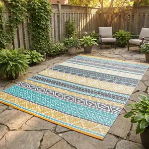 Outdoor Rug Modern Design Waterproof Large Area Rug for Patio Deck Backyard Camping RV Balcony Beach Indoor Outdoor Portable Durable Carpet for Outside Patio, Teal/Yellow