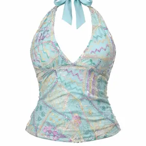Dreamy Y2K Fairycore Halter Top – Pastel Blue Embroidered Tie-Back