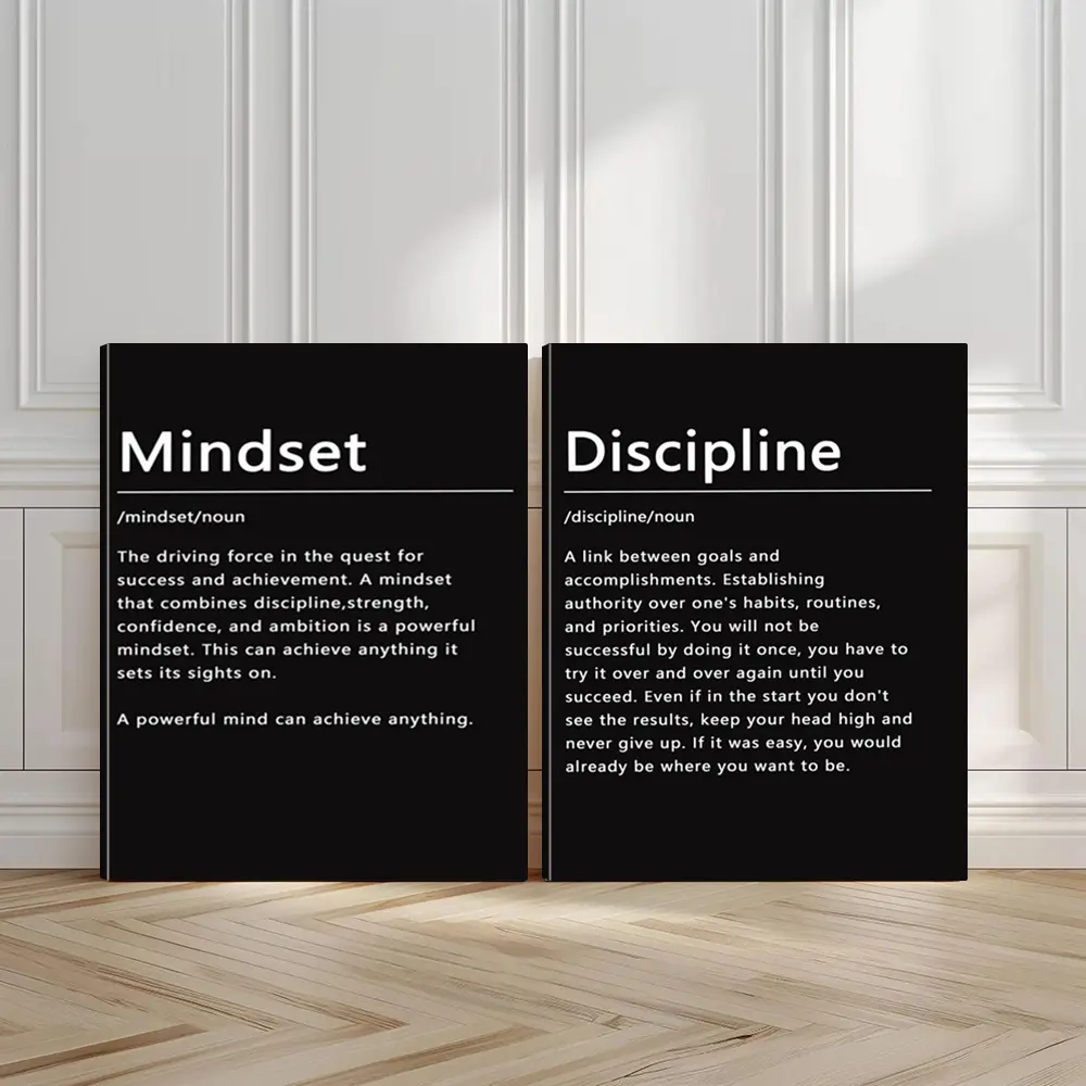 2pcs Mindset Motivation Wall Art, Wooden Wall Art, Positive Energy Poster, Discipline Focus Art Prints, Success Inspirations Home Decor, Modern Wall Paintings, Minimalist Canvas Posters Wall Arts, Decor for Living Room, Restaurant, Unframed