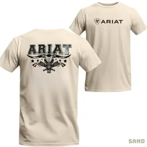 Ariat T-shirt - Unique Design With Ariat Logo And Bull Skull Menswear Top Tshirt Short Crewneck Shortsleeve Streetwear Tropical Man Outfits