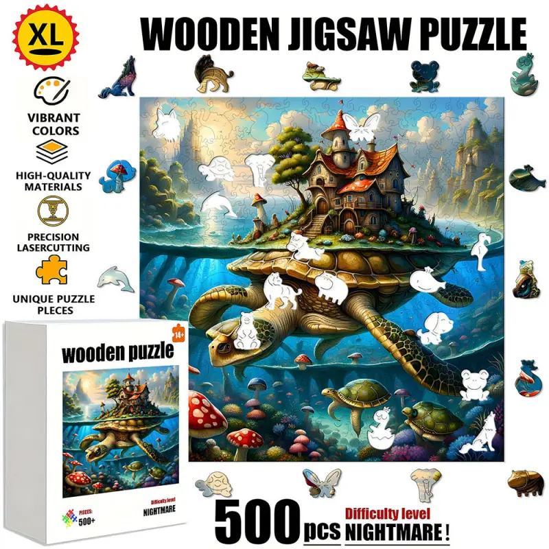 1 Box (500 pcs) Fairy Tale House on a Turtle's Back Wooden Puzzle, Wood Puzzles - New Creative Idea, for adults to relieve stress. Fun puzzle for holiday relaxation and brain stimulation. The uniquely irregular-shaped wooden puzzle is durable