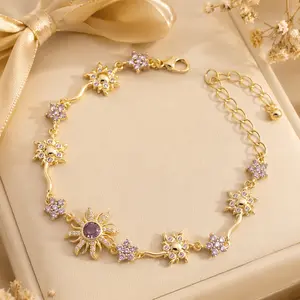 Purple Zircon Sunflower Bracelet, Sun Moon Starburst Princess Jewelry Christmas Gift