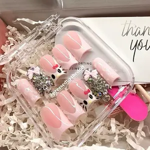 PressedDollhead Press-On Nails with Rhinestones and Bow Designs - Pink French Tip Artificial Nail Set for Women