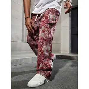 Men’s retro oil painting–style casual long pants featuring a drawstring elastic waistband, heavyweight floral jacquard fabric, and a loose wide-leg fit. Suitable for everyday wear, streetwear, high-street brand outings, and vacation travel. Floral jacquar