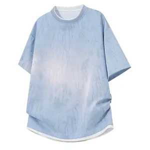 Tie-dye design T-shirt, men’s new summer loose casual short-sleeve top, faux two-piece short-sleeve T-shirt, trendy brand loose fit T-shirt, crew neck T-shirt summervibes