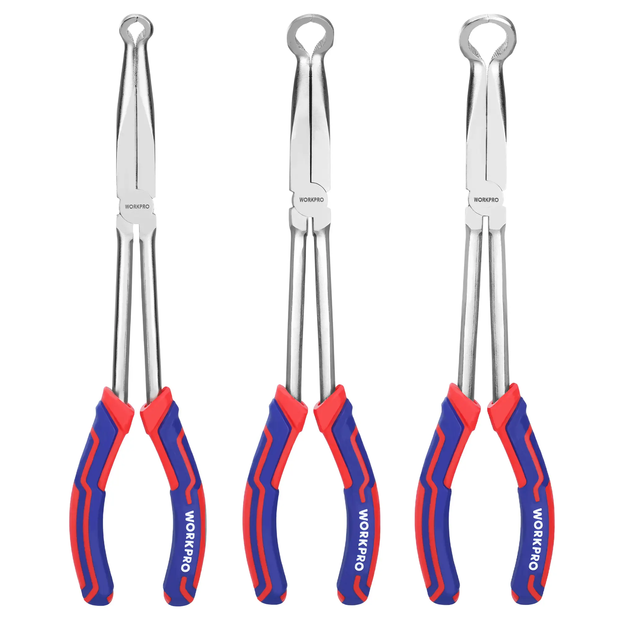 WORKPRO 3 PACKS 11" Hose Gripper Plier Set, Long Reach Hose Gripping Pliers, 5/16-Inch, 1/2-Inch, 3/4-Inch Dia, Spark Plug Boot Removal Pliers, Serrated Jaws for Hard to Reach Narrow Spaces
