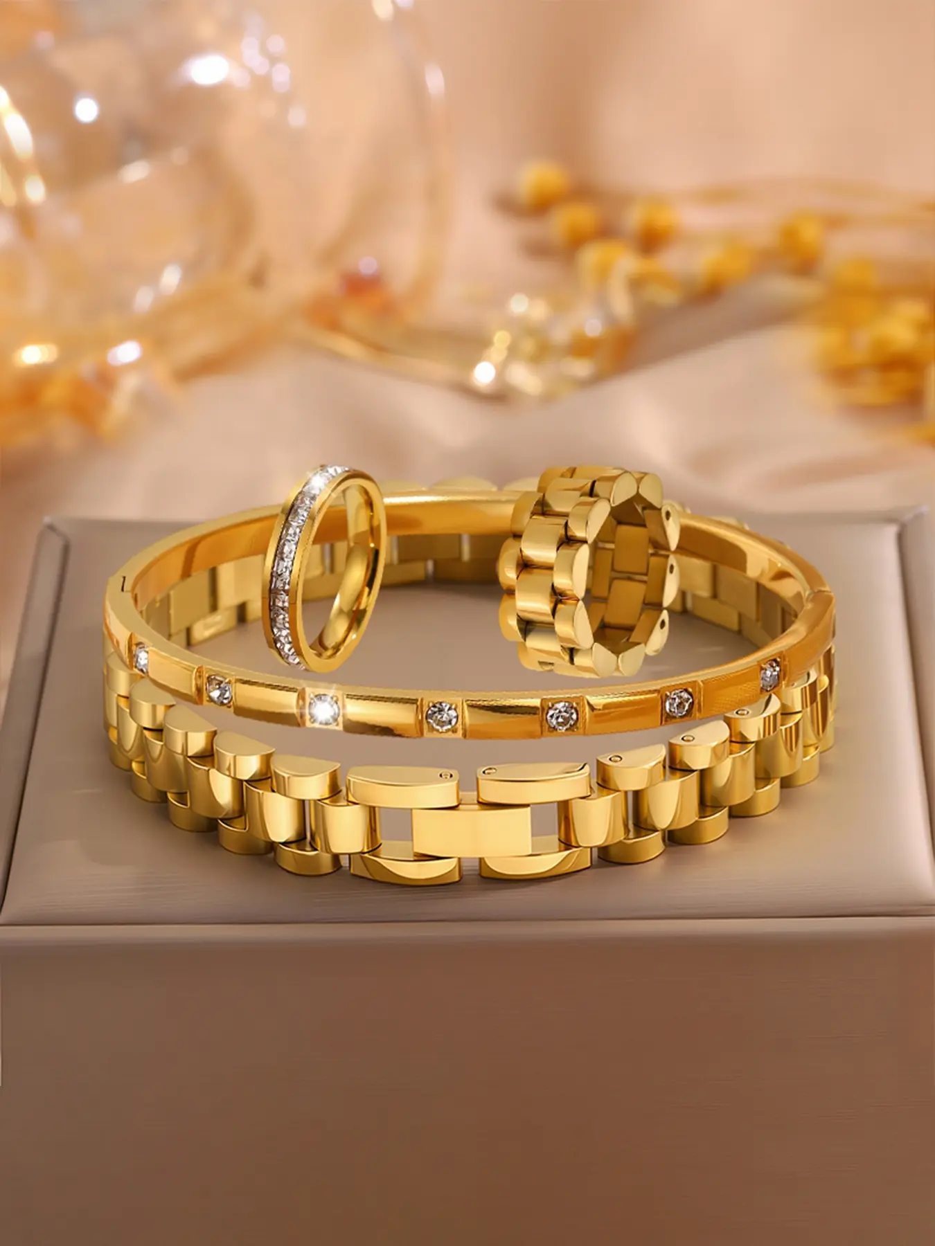4 stylish stainless steel bracelets and ring combinations, versatile accessories for daily travel, bracelets that can be freely matched, suitable for all seasons, perfect gifts for family and friends, Fashionable Jewelry Set, Jewelry Sets