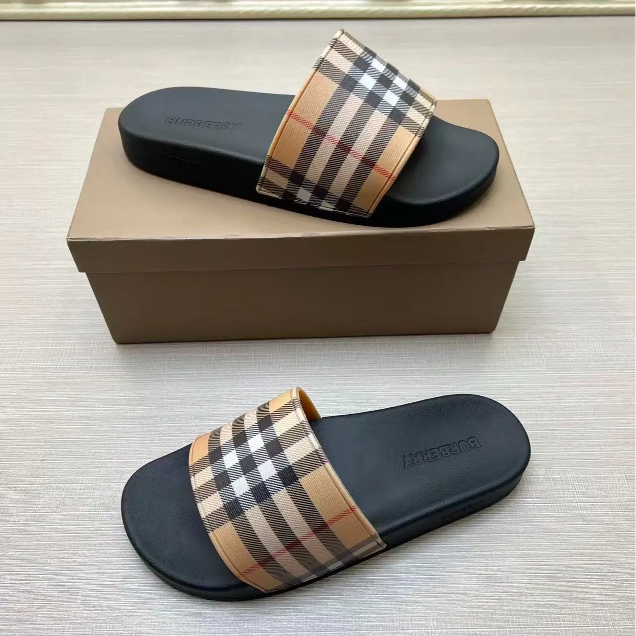 Unisex Retro Classic Plaid Strap Summer Slide Sandals - Black, Soft Cushion Footbed, Open-Toe Slip-On, Lightweight Waterproof Durable - For Beach, Indoor Casual Daily Wear (Men, Women)