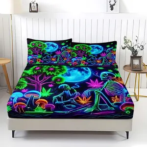 3pcs Psychedelic Fluorescent Skull Alien Pattern Fitted Sheet Set, Skull Fantasy Forest Full Moon Element Bedding Set. With Bright and Bold Colors.Made of Soft Microfiber Material, Includes 2 Pillowcases, Not Include Pillow Inserts, Bed Sheets