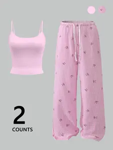"2-Pack Pink Bow Coquette Set | Cami Crop Top + Striped Wide-Leg Pants – 2025 TikTok Viral Cute Aesthetic! Sweet Bow Print, Soft Quilted Fabric, Comfy Relaxed Fit 🌸 Perfect for #OOTD, #ChillDays, #Y2KRevival. Stylish for Brunch, Lazy Nights or Casual Han