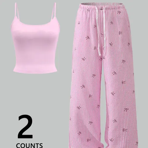 2-Pack Pink Bow Coquette Set, Matching Clothing Set, Outfit Set, Womenswear, Cami Crop Top + Striped Wide-Leg Pants, TikTok Viral Aesthetic, Sweet Bow Print, Quilted Fabric, Comfy Casual Fit Perfect for #OOTD, #Y2KRevival, Brunch, Lazy Nights