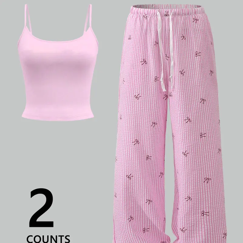 2-Pack Pink Bow Coquette Set, Matching Clothing Set, Outfit Set, Womenswear, Cami Crop Top + Striped Wide-Leg Pants, TikTok Viral Aesthetic, Sweet Bow Print, Quilted Fabric, Comfy Casual Fit Perfect for #OOTD, #Y2KRevival, Brunch, Lazy Nights