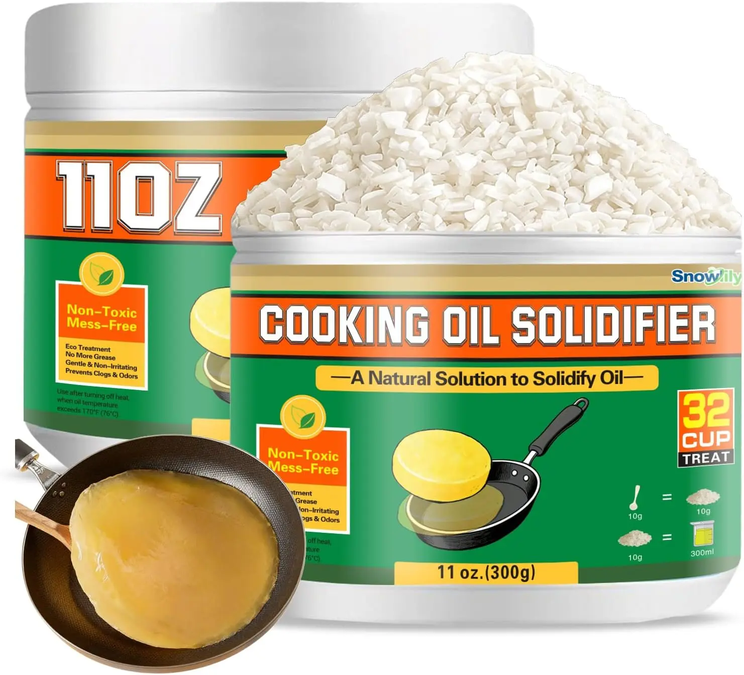 Snowlily Cooking Oil Solidifier Powder, 11 Fl Oz Bottle, Easy Disposal Solution for Fry Oil and Grease, Hardens Up to 2.2 Gallons, Kitchen Waste Management Liquid Absorbent household