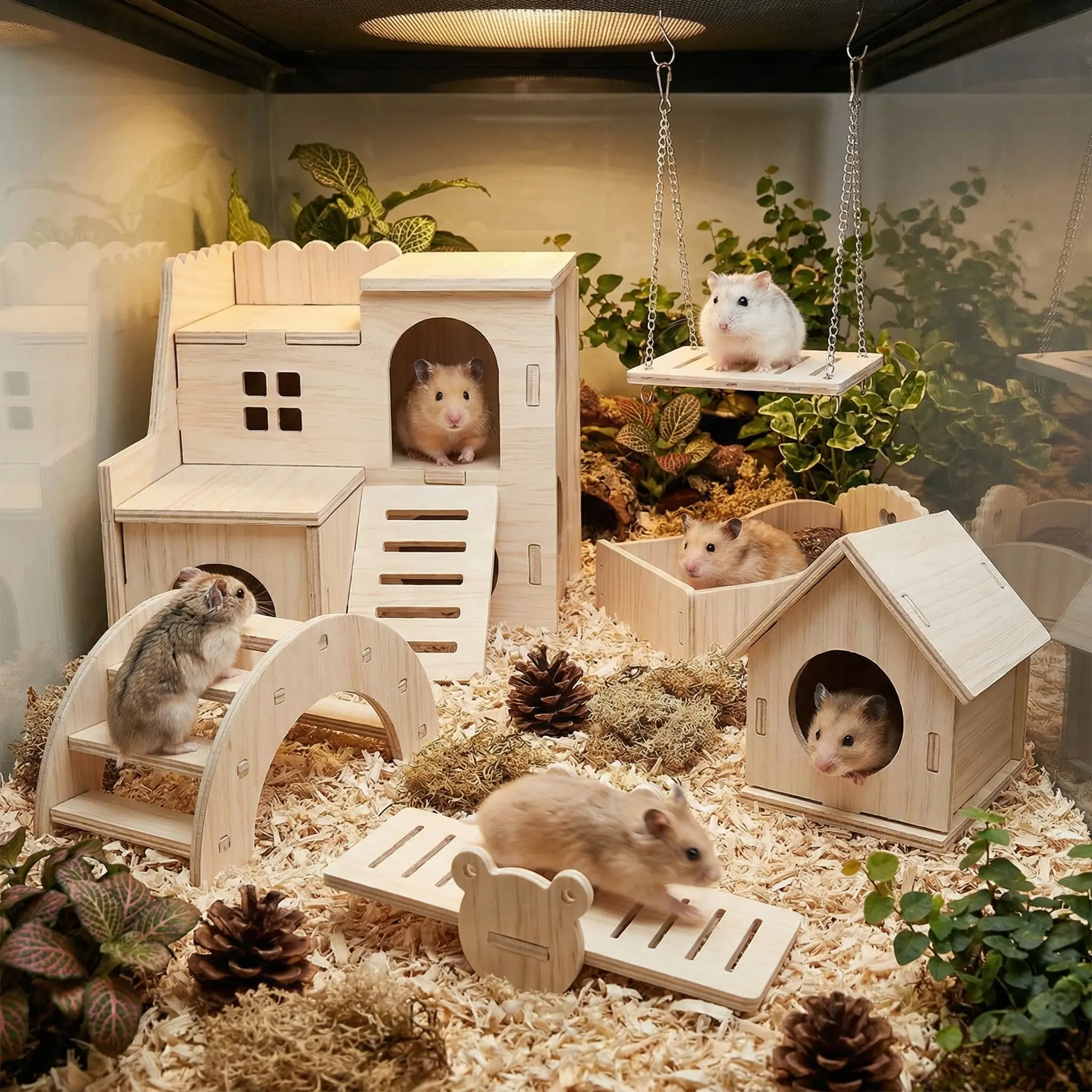 SmartWell Natural Wooden Hamster Hideout And Toy Set Nail Free Mortise And Tenon Safe Playground With Seesaw Bridge Bed Swing For Dwarf Hamsters Gerbils Mice Small Animal Cage Habitat Enrichment Accessories