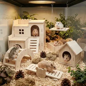 SmartWell Natural Wooden Hamster Hideout And Toy Set Nail Free Mortise And Tenon Safe Playground With Seesaw Bridge Bed Swing For Dwarf Hamsters Gerbils Mice Small Animal Cage Habitat Enrichment Accessories