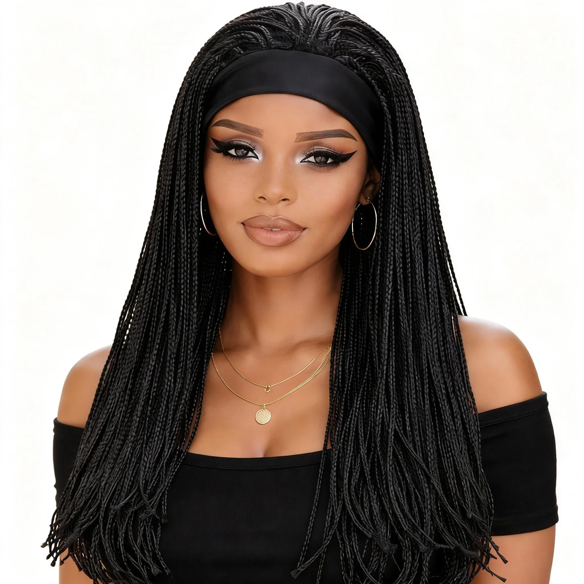 ZIHAN Women's 20-Inch Box Braid Headband Wig - Heat-Resistant Long Synthetic Glueless Ready-to-Wear Crochet Wig, Natural Black Protective Style for Daily Use summerwins