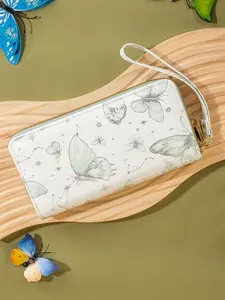 Vintage Butterfly Long Wallet Wristlet Wallet, Star Trail Print Design, Multi-Card Slot Zipper Wrist Strap Card Case, Fashionable Retro Accessory, Zipper Purse