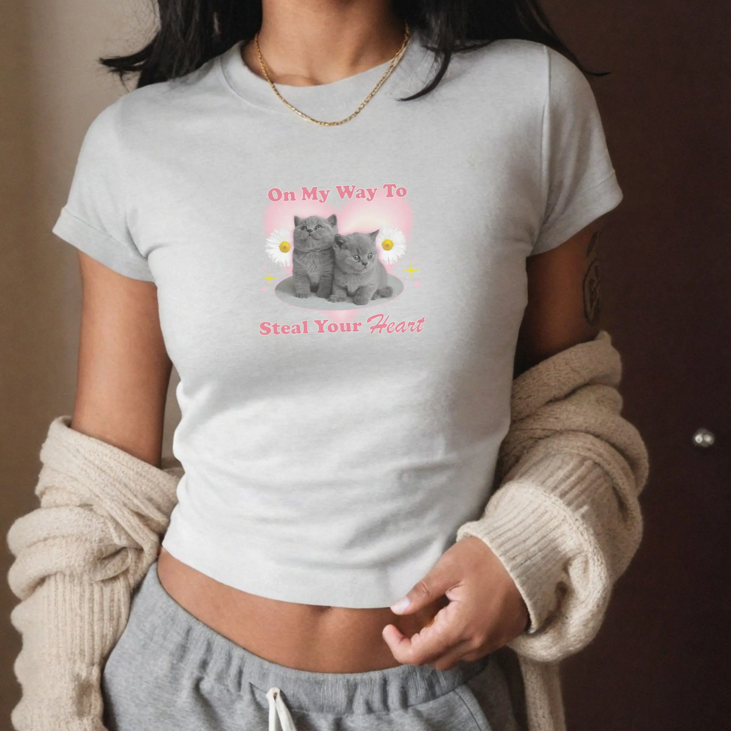 Cute Y2K "On My Way To Steal Your Heart" Kitty Cropped Tee Shirt