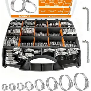 Hose Clamp Assortment 200 count Hose Clamp 304 Stainless Steel Kit Adjustable 1/4"~2"(6~51mm) Worm Gear Hose Clamp, Heavy Duty Small Hose Clamps for Automotive,  Line, Pipe, Radiator