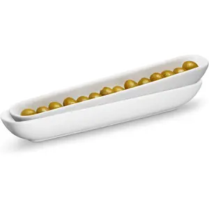 KooK Olive Boat Tray, Set of 2, Charcuterie Tray, Grazing Table Supplies, Charcuterie Board Accessories, Ceramic Serving Dish, Narrow Canoe, Cheeses and Appetizers, Dishwasher Safe, 12", White