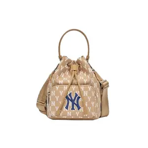 MLB Monogram Vintage Logo Polyester Bucket Bag, Unisex Khaki Casual Handbag, Stylish Hand-Shoulder Bag for Daily Use