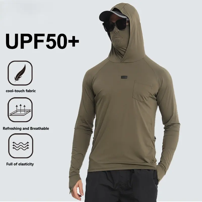 2026 Men's UPF 50+ Sun Protection Fishing Hoodie with Face Mask & Thumb Holes, Cooling Long Sleeve UV Protection Shirt, Breathable Quick Dry Lightweight Outdoor Sun Shirt Fishing Hiking Cycling