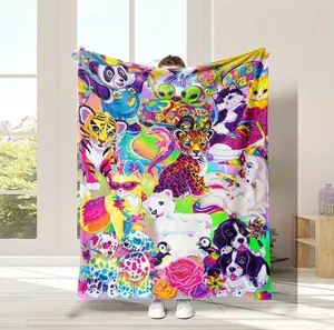 Lisa Frank Collage Themed Blanket, Vibrant & Playful Style, Features Colorful Characters, Soft and Warm, Perfect for Home Relaxation, Flannel Blankets