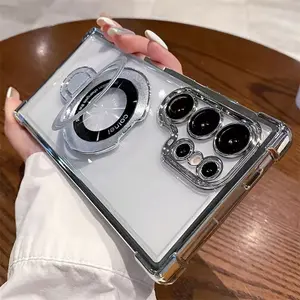 Luxury Magnetic Plating Stand Shockproof Clear Case For Samsung Galaxy S25 S24 S23 S22 Ultra Plus Note 20 5G Acrylic Back Cover
