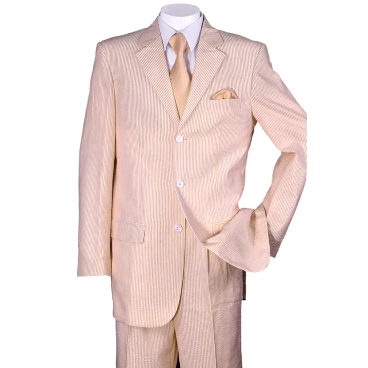 Mens Classic Fit 3 Button Summer Seersucker Suit in Peach
