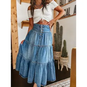 WomenDenimMaxiSkirtsY2KButtonHighWaistPleatedTieredRuffledHemSwingJeansSkirtCasualBohoSolidColorA-LineSkirtforBeachClubStreetwear